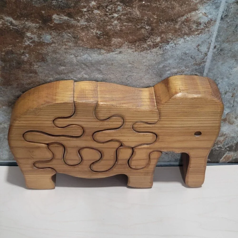 Vintage Standing Handmade Wooden Elephant Jigsaw Puzzle